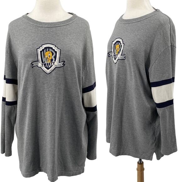 Vintage 90s Tweety Bird Varsity Shirt Crew Neck Long Sleeve Tee Cotton Grey XL - Picture 1 of 7